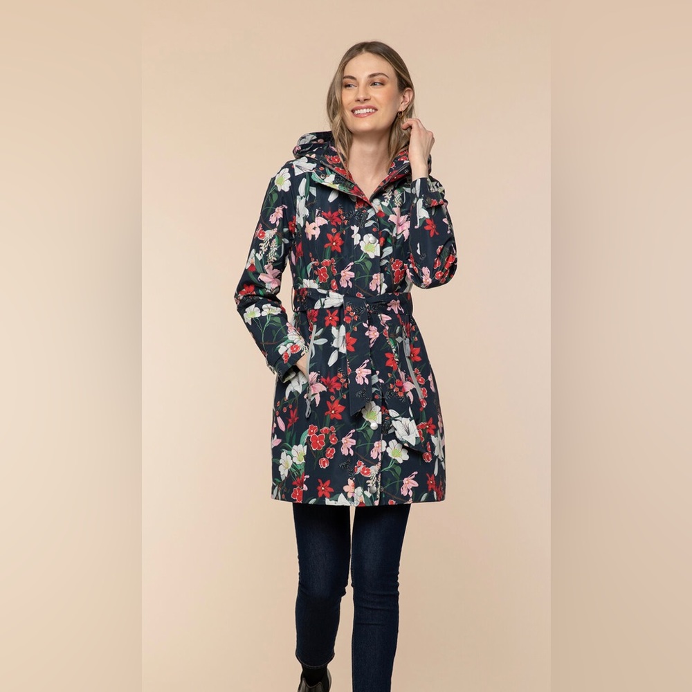 Etage Women’s Blue Floral trench coat with removable hood Size XS